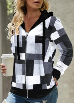 Geometric Print Zipper Black Long Sleeve Hoodie