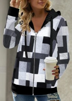 Geometric Print Zipper Black Long Sleeve Hoodie -Rosewe Promotion Store 318751 P 1667370857881