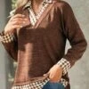 Plaid Fake 2in1 Dark Coffee Shirt Collar Sweatshirt 2 Plaid Fake 2in1 Dark Coffee Shirt Collar Sweatshirt -Rosewe Promotion Store 318753 P 1669626631209