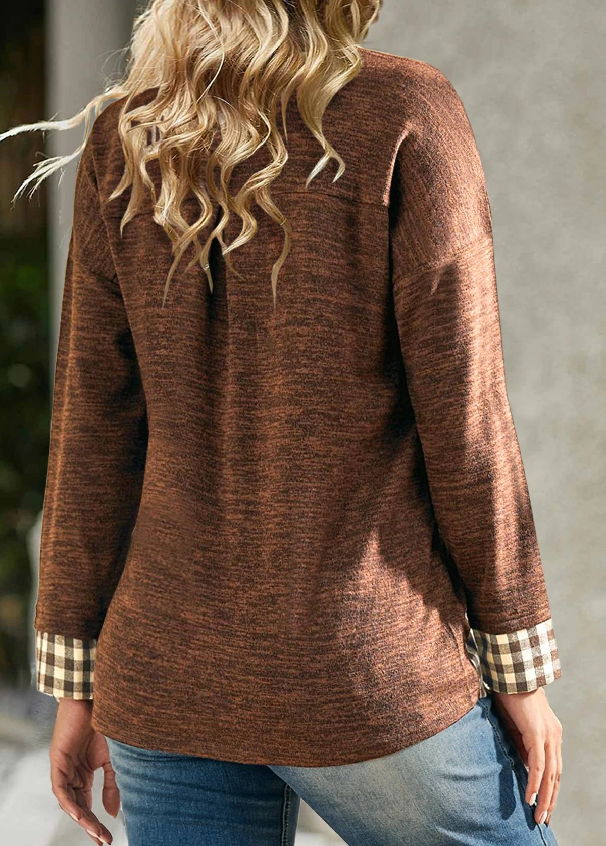 Plaid Fake 2in1 Dark Coffee Shirt Collar Sweatshirt 4 Plaid Fake 2in1 Dark Coffee Shirt Collar Sweatshirt - Image 2