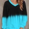 Ombre V Neck Cyan Long Sleeve Sweatshirt -Rosewe Promotion Store 318991 P 1667546951740