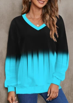 Ombre V Neck Cyan Long Sleeve Sweatshirt