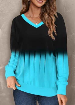 Ombre V Neck Cyan Long Sleeve Sweatshirt -Rosewe Promotion Store 318991 P 1667546952784