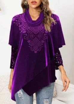 Tribal Print Sequin Dark Purple Cowl Neck Sweatshirt