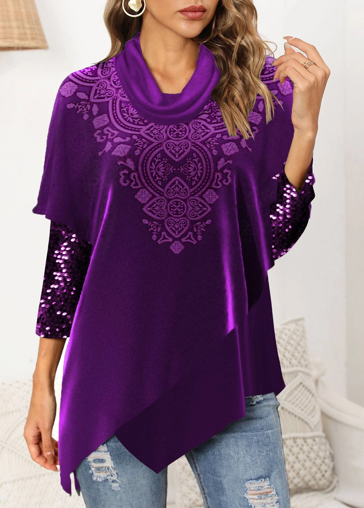 Tribal Print Sequin Dark Purple Cowl Neck Sweatshirt 5 Tribal Print Sequin Dark Purple Cowl Neck Sweatshirt - Image 3