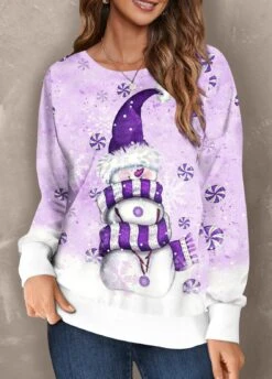Christmas Snowman Print Purple Long Sleeve Sweatshirt -Rosewe Promotion Store 319005 P 1667547275112