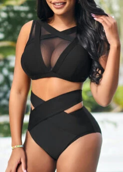 Cross Strap High Waisted Black Bikini Bottom -Rosewe Promotion Store 319070 P 16697766709083