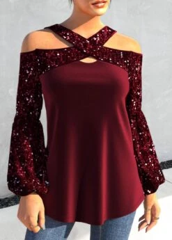 Wine Red Sequin Cross Collar T Shirt -Rosewe Promotion Store 319111 P 1670462284015 1