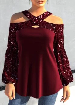Wine Red Sequin Cross Collar T Shirt -Rosewe Promotion Store 319111 P 1670462284452 1