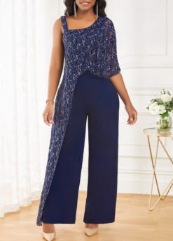 Lace Navy One Shoulder Sleeveless Jumpsuit -Rosewe Promotion Store 319158 P 16717049630954