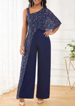 Lace Navy One Shoulder Sleeveless Jumpsuit