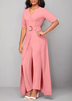 Belted Pink Short Sleeve V Neck Jumpsuit -Rosewe Promotion Store 319200 P 16709225200342
