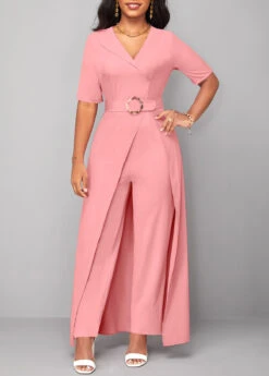 Belted Pink Short Sleeve V Neck Jumpsuit -Rosewe Promotion Store 319200 P 16709225204123