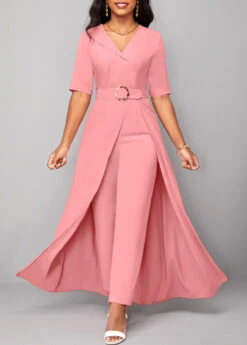 Belted Pink Short Sleeve V Neck Jumpsuit