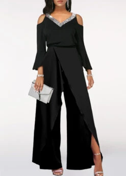 Sequin Long Sleeve Black V Neck Jumpsuit -Rosewe Promotion Store 319273 P 1669618896269