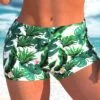 Green High Waisted Tropical Plants Print Swim Shorts