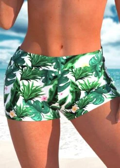 Green High Waisted Tropical Plants Print Swim Shorts