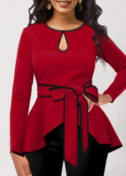 Contrast Binding Belted Red Round Neck T Shirt -Rosewe Promotion Store 319378 P 1667962848083