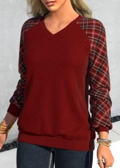 Plaid Patchwork Deep Red V Neck Sweatshirt -Rosewe Promotion Store 319379 P 1669692004326