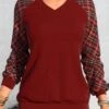Plaid Patchwork Deep Red V Neck Sweatshirt -Rosewe Promotion Store 319379 P 1669692004479
