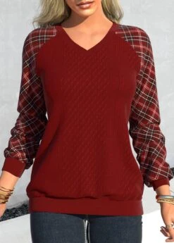 Plaid Patchwork Deep Red V Neck Sweatshirt