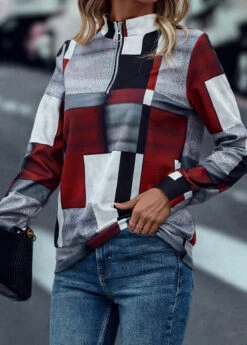 Geometric Print Zipper Deep Red High Neck Sweatshirt 12 Geometric Print Zipper Deep Red High Neck Sweatshirt -Rosewe Promotion Store 319426 P 16692861041514