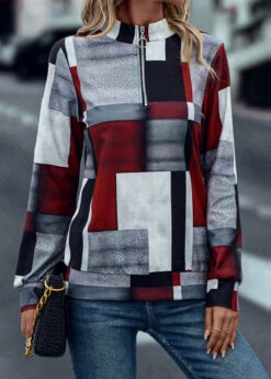 Geometric Print Zipper Deep Red High Neck Sweatshirt
