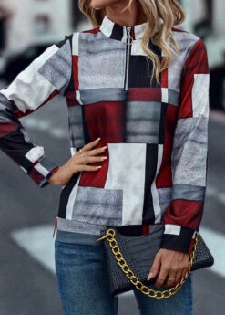 Geometric Print Zipper Deep Red High Neck Sweatshirt 13 Geometric Print Zipper Deep Red High Neck Sweatshirt -Rosewe Promotion Store 319426 P 16692861042925