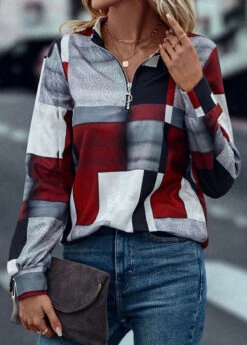 Geometric Print Zipper Deep Red High Neck Sweatshirt 10 Geometric Print Zipper Deep Red High Neck Sweatshirt -Rosewe Promotion Store 319426 P 16692861046102