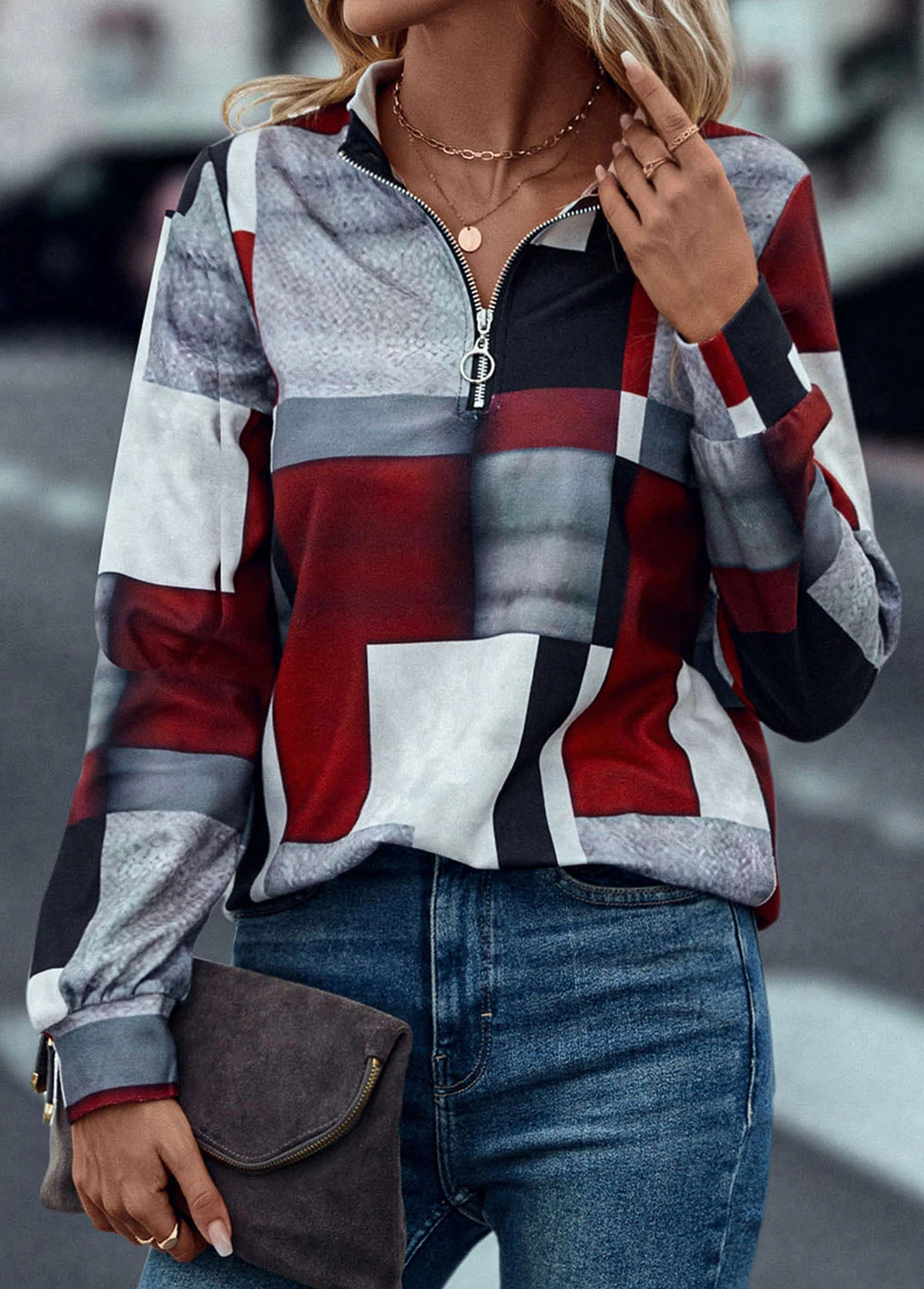 Geometric Print Zipper Deep Red High Neck Sweatshirt 5 Geometric Print Zipper Deep Red High Neck Sweatshirt - Image 3