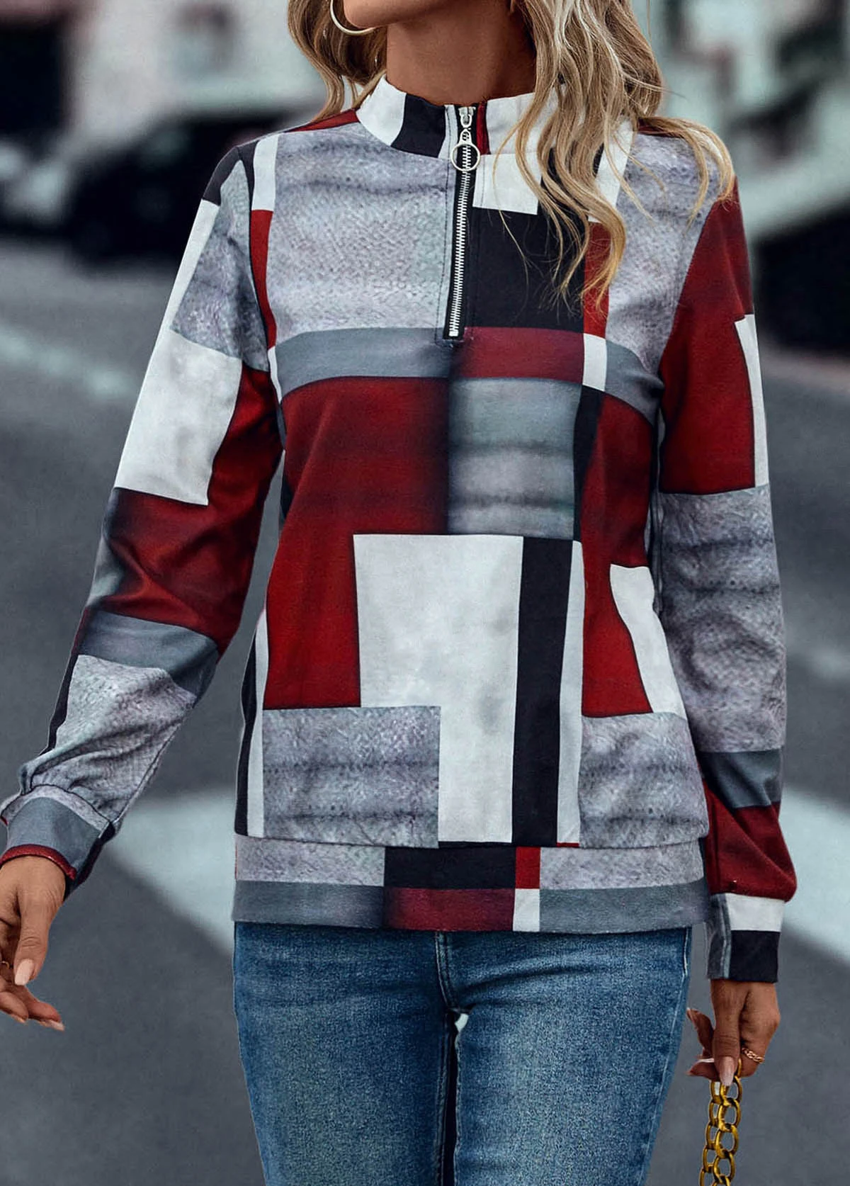 Geometric Print Zipper Deep Red High Neck Sweatshirt 6 Geometric Print Zipper Deep Red High Neck Sweatshirt - Image 4