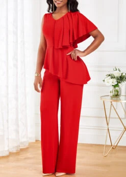 Red V Neck Sleeveless Ruffle Jumpsuit -Rosewe Promotion Store 319495 P 16717050810732