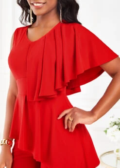 Red V Neck Sleeveless Ruffle Jumpsuit -Rosewe Promotion Store 319495 P 16717050813085