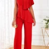 Red V Neck Sleeveless Ruffle Jumpsuit -Rosewe Promotion Store 319495 P 16717050815024