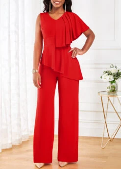 Red V Neck Sleeveless Ruffle Jumpsuit -Rosewe Promotion Store 319495 P 16717050815913