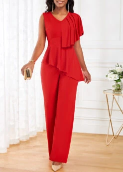 Red V Neck Sleeveless Ruffle Jumpsuit -Rosewe Promotion Store 319495 P 16717050817950
