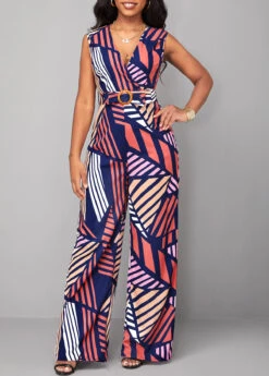 Striped Belted Multi Color V Neck Jumpsuit -Rosewe Promotion Store 319496 P 16771207303283