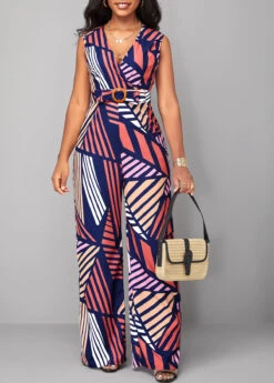 Striped Belted Multi Color V Neck Jumpsuit