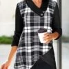 Plaid Surplice Black V Neck Long Sleeve Sweatshirt -Rosewe Promotion Store 319596 P 1668062905933
