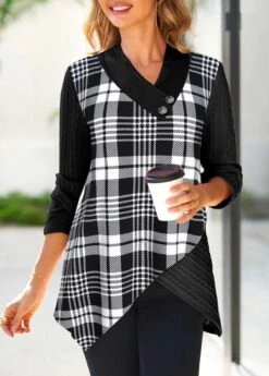 Plaid Surplice Black V Neck Long Sleeve Sweatshirt