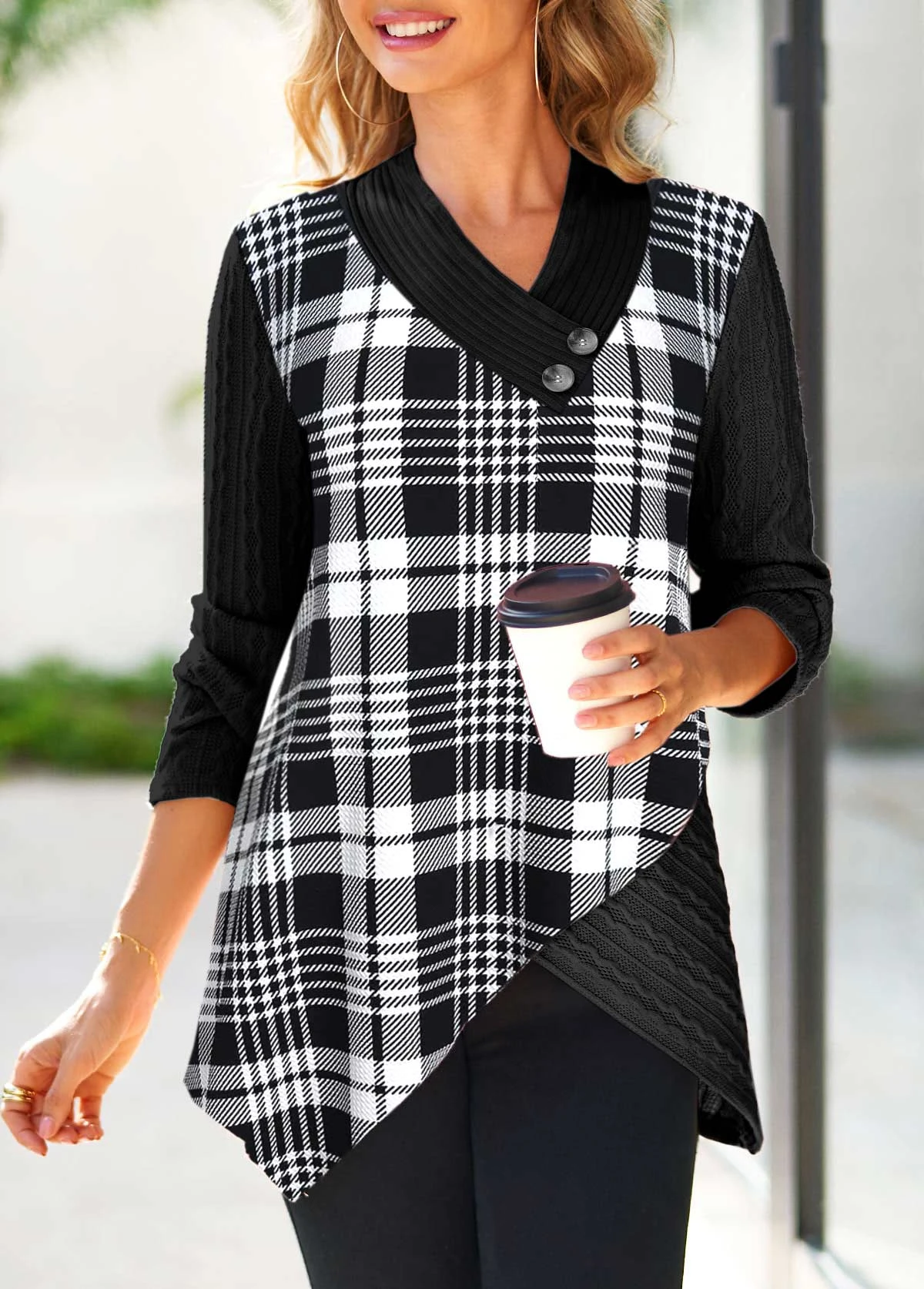 Plaid Surplice Black V Neck Long Sleeve Sweatshirt 3 Plaid Surplice Black V Neck Long Sleeve Sweatshirt