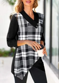 Plaid Surplice Black V Neck Long Sleeve Sweatshirt 7 Plaid Surplice Black V Neck Long Sleeve Sweatshirt -Rosewe Promotion Store 319596 P 1668062906387
