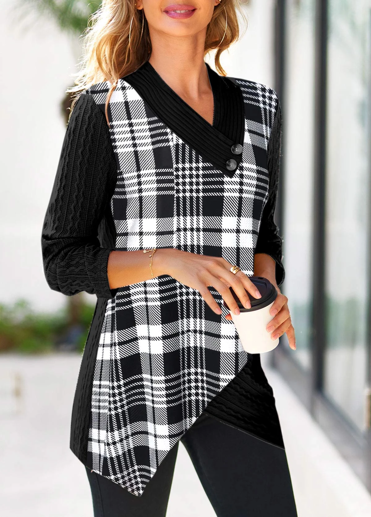 Plaid Surplice Black V Neck Long Sleeve Sweatshirt 5 Plaid Surplice Black V Neck Long Sleeve Sweatshirt - Image 3