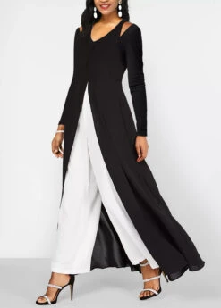 Contrast Black Long Sleeve V Neck Jumpsuit