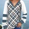 Plaid Patchwork Multi Color Split Neck Sweatshirt -Rosewe Promotion Store 319746 P 1668243085870