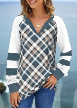Plaid Patchwork Multi Color Split Neck Sweatshirt