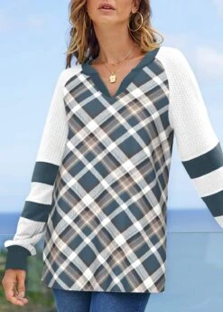 Plaid Patchwork Multi Color Split Neck Sweatshirt -Rosewe Promotion Store 319746 P 1668243086942