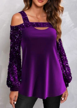Cut Out Off Shoulder Purple Long Sleeve Sweatshirt