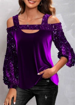 Cut Out Off Shoulder Purple Long Sleeve Sweatshirt -Rosewe Promotion Store 319750 P 1670839673544