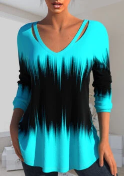 Plus Size Cyan Ombre Long Sleeve T Shirt